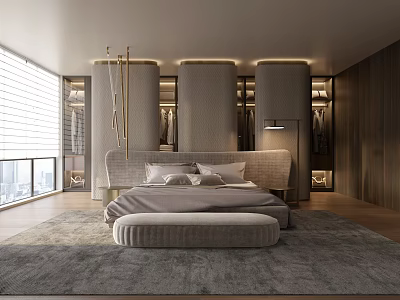 Elegant Modern Bedroom Interior With Wooden Elements Large Windows And Soft Lighting 3d model