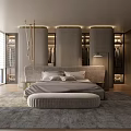 Elegant Modern Bedroom Interior With Wooden Elements Large Windows And Soft Lighting 3d model