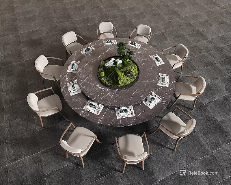 Round Marble Top Dining Table With Ten Light Colored Chairs And Green Plant Tableware 3d model 
