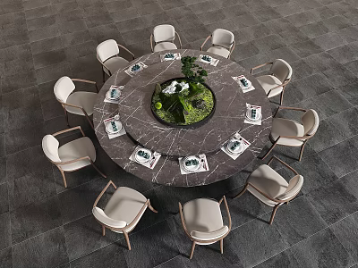 Round Marble Top Dining Table With Ten Light Colored Chairs And Green Plant Tableware 3d model