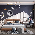 Kids Room Interior with Starry Sky Theme Astronaut Moon Pendant Lights Bed Desk and Toys
