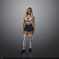Woman In White Top And Blue Skirt With White Thigh High Socks On Gray Background