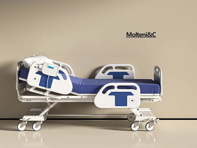 Adjustable Mobile Medical Bed With Blue Mattress And Side Rails For Patient Care 3d model