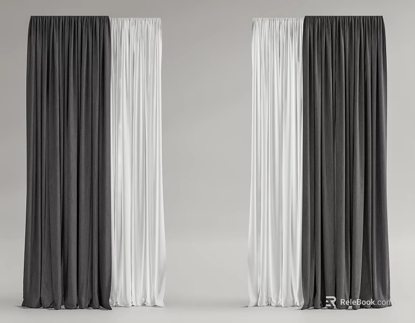 Elegant Grey And White Color Block Curtains With Soft Flowy Drapery Design 3d model 