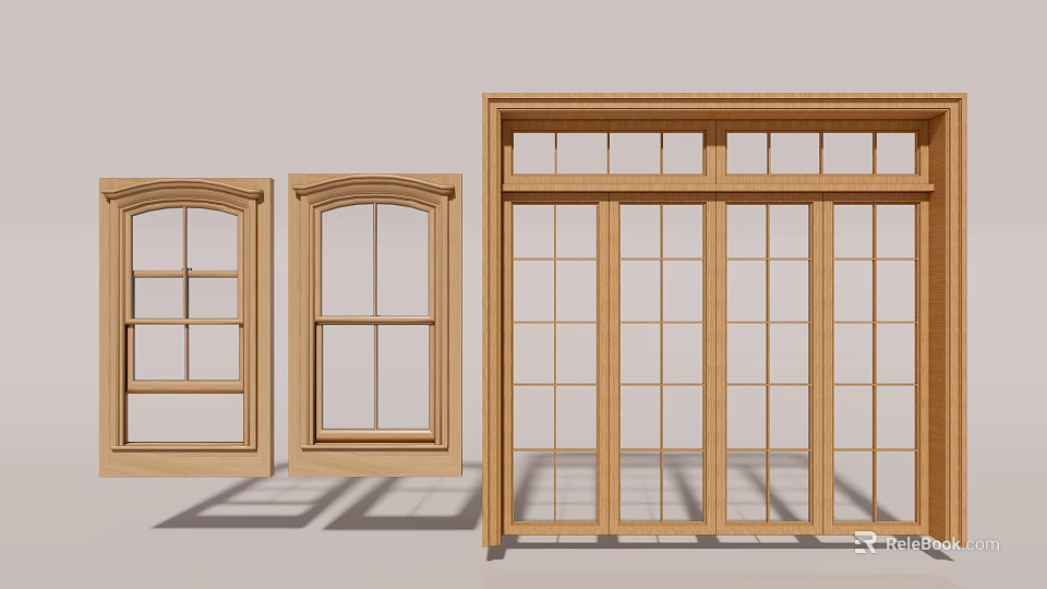 Wooden Sliding Windows Featuring Grid Glass Panels For Modern Home Design 3d model 