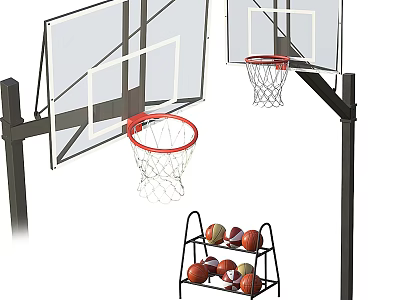 Double Basketball Hoops With Backboards And Ball Rack Holding Multiple Basketballs 3d model
