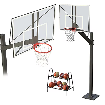 Double Basketball Hoops With Backboards And Ball Rack Holding Multiple Basketballs 3d model