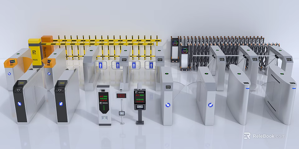 Modern Public Facility Access Control With Multiple Automatic Turnstiles And Security Gates 3d model 
