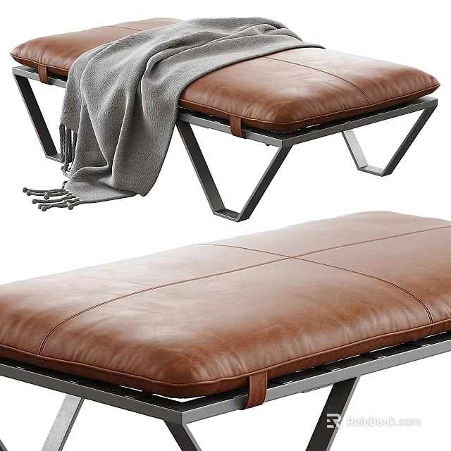 Modern Brown Leather Ottoman With Metal Frame And Gray Blanket 3d model 