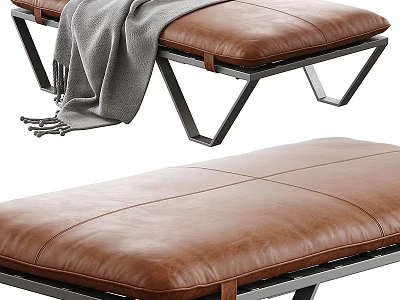 Modern Brown Leather Ottoman With Metal Frame And Gray Blanket 3d model
