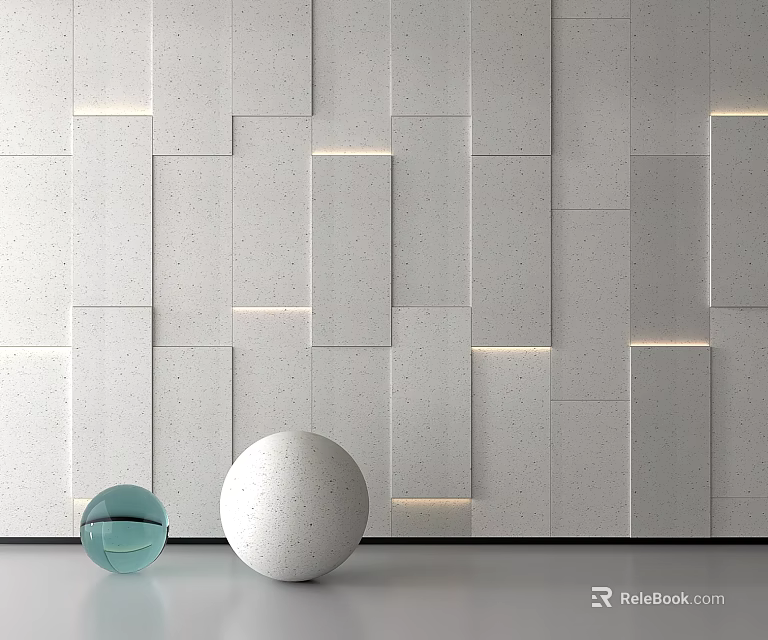 Modern Background Wall With Square Panel Design Embedded Lighting And Decorative Green Transparent White Spheres 3d model 