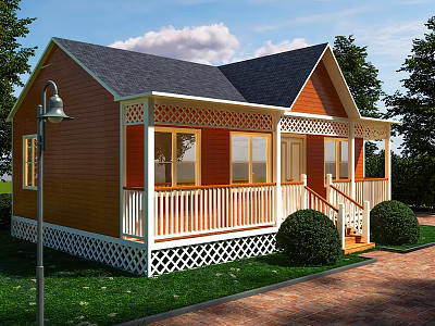 Wooden House With Orange Exterior Black Roof White Porch Lattice Railings Lawn Bushes Street Lamp 3d model