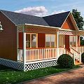 Wooden House With Orange Exterior Black Roof White Porch Lattice Railings Lawn Bushes Street Lamp
