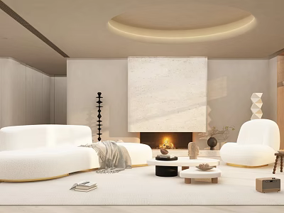 Minimalist Living Room Interior With White Sofas Circular Ceiling Light And Fireplace 3d model