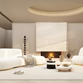 Minimalist Living Room Interior With White Sofas Circular Ceiling Light And Fireplace