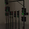 Outdoor Traffic Lights in Various Sizes with Green Lights Illuminated on Metal Poles
