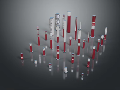 Red And White Columns Of Various Heights Arranged On Reflective Gray Surface 3d model