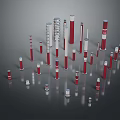 Red And White Columns Of Various Heights Arranged On Reflective Gray Surface