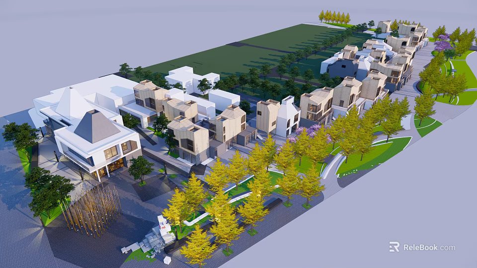 Modern Commercial Street Design with Stylish Buildings Green Landscaping and Pedestrian Areas 3d model 