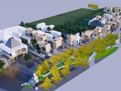 Modern Commercial Street Design with Stylish Buildings Green Landscaping and Pedestrian Areas 3d model