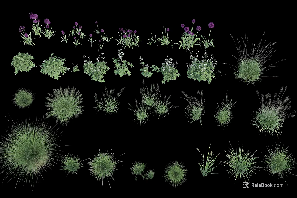 Decorative Purple Flowers and Various Green Grasses on Black Background 3d model 