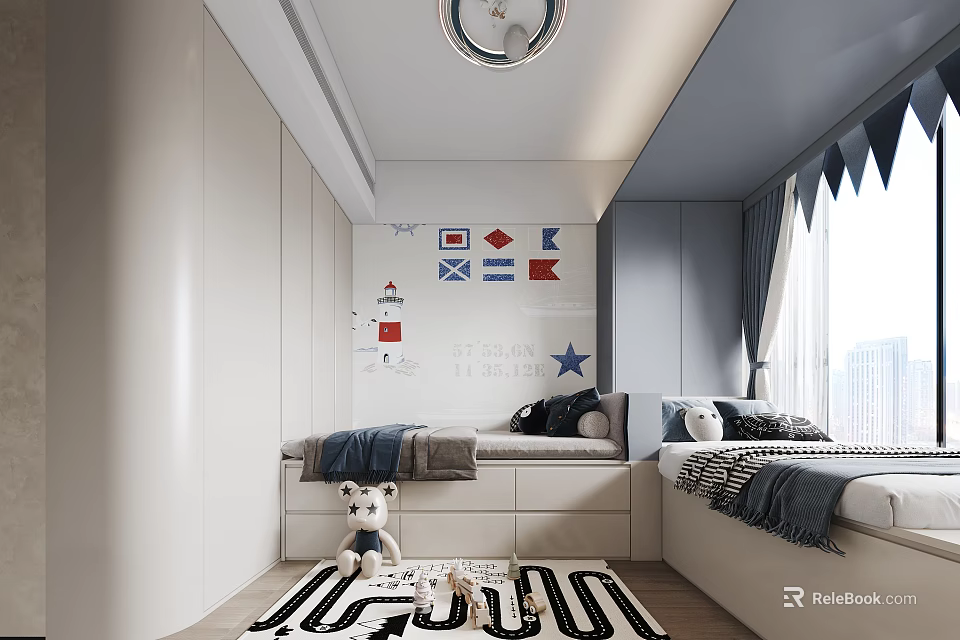 Modern Cozy Tatami Bedroom Interior With Tatami Bed Storage Drawers And Wall Decor 3d model 