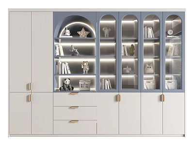 Modern White And Blue Wardrobe With Glass Doors LED Lighting Decorative Items And Books 3d model