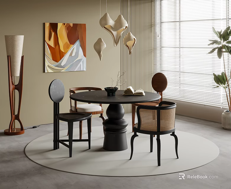 Modern Dining Table Set With Round Top Various Chairs Abstract Painting Hanging Lamps And Plant 3d model 