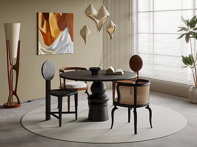 Modern Dining Table Set With Round Top Various Chairs Abstract Painting Hanging Lamps And Plant 3d model