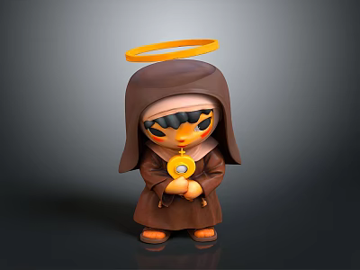Toy Figure in Brown Robe With Golden Halo Black Eye Covering And Golden Circular Object 3d model