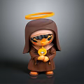 Toy Figure in Brown Robe With Golden Halo Black Eye Covering And Golden Circular Object
