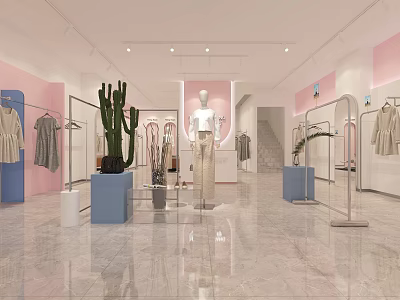 Stylish Clothing Store With Pink And Blue Walls Clothing Racks Mannequins Cactus And Marble Floor 3d model