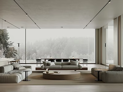 Modern Living and Dining Room Interior With Sofa Dining Table and Large Window View 3d model