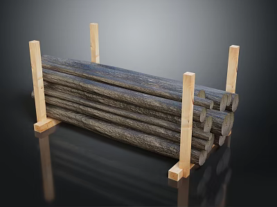 Neatly Stacked Dark Wood Logs Supported By Light Wooden Stands 3d model