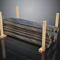 Neatly Stacked Dark Wood Logs Supported By Light Wooden Stands