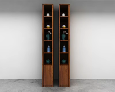 Tall Wooden Modern Wall Cabinets With Colorful Vases Against White Wall Gray Floor 3d model
