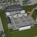 Ancient Chinese Architecture with Black Tiled Roof and Stone Paved Courtyard Surrounded by Green Trees