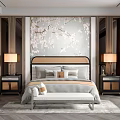 Elegant Bedroom Interior Design With Decorative Cherry Blossom Wall And Wooden Nightstands Table Lamps