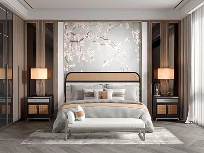 Elegant Bedroom Interior Design With Decorative Cherry Blossom Wall And Wooden Nightstands Table Lamps 3d model