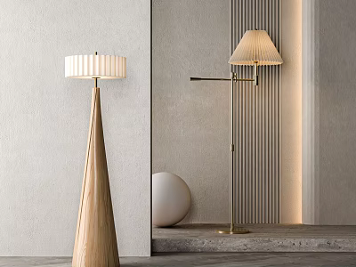 Modern Floor Lamps With Wooden Cone And Metal Adjustable Arm White Shades In Minimalist Interior 3d model