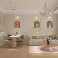 Modern Living and Dining Room Interior With White Chandelier Decorative Paintings and Sofa