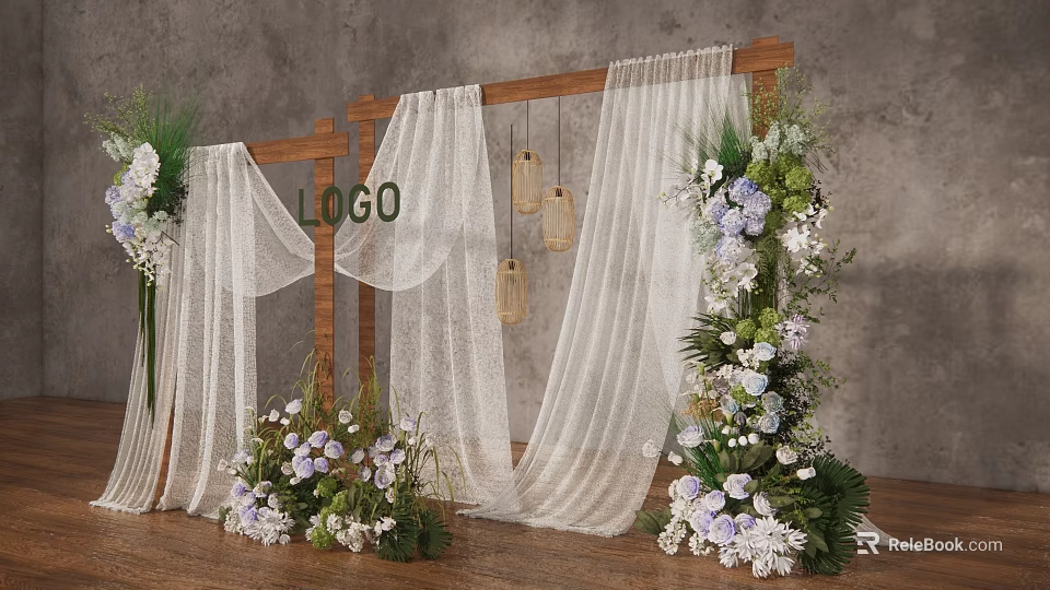 Elegant Floral Decoration Display with Wooden Frame White Curtains Hanging Lanterns and Purple White Flowers 3d model 
