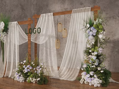 Elegant Floral Decoration Display with Wooden Frame White Curtains Hanging Lanterns and Purple White Flowers 3d model