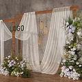 Elegant Floral Decoration Display with Wooden Frame White Curtains Hanging Lanterns and Purple White Flowers