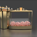 Golden White Decorative Display Cabinet With Circular Top Curved Design And Pink Floral Decorations