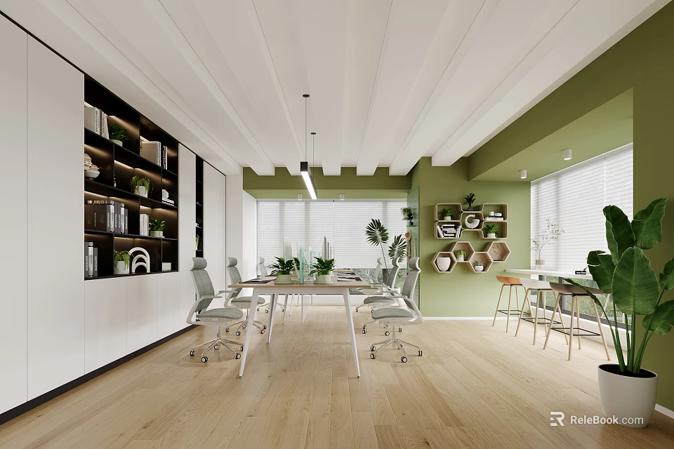 Modern Public Office Space With Open Layout Green Plants Bookshelves And Natural Light 3d model 
