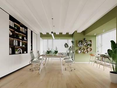 Modern Public Office Space With Open Layout Green Plants Bookshelves And Natural Light 3d model