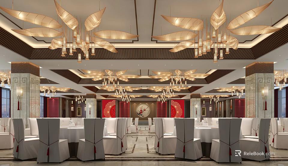 Elegant Banquet Hall Interior Design With Ornate Chandeliers And White Dining Chairs 3d model 