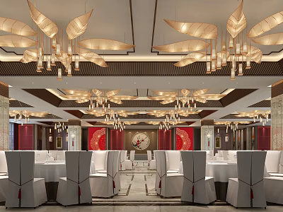 Elegant Banquet Hall Interior Design With Ornate Chandeliers And White Dining Chairs 3d model