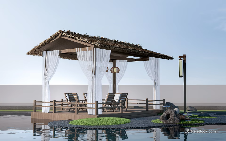 Traditional Thatched Roof Pavilion with White Curtains Wooden Chairs and Water Pool Surroundings 3d model 